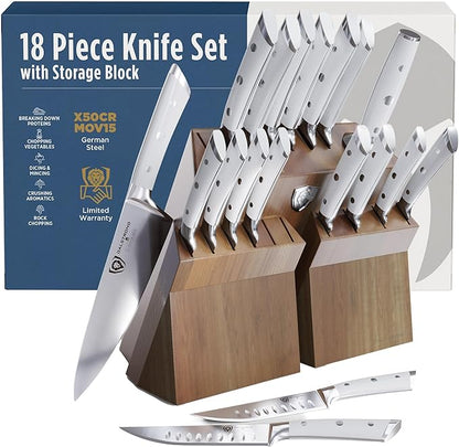 Dalstrong 18-Piece Gladiator Colossal Knife Block Set (White Handles) — German High-Carbon Steel, Full-Tang, Hand-Sharpened — For Home Chefs, Wedding Registries & Serious Kitchens — Acacia Block, NSF