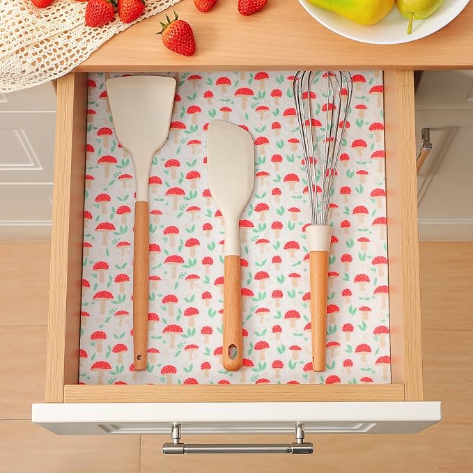 Cooyes 6 Pack Cloth Shelf Liners for Kitchen Cabinets, 17.7" × 36", Non-Slip Refrigerator Liners Machine Washable, Freezer Drawer Mats for Glass Shelves and Kitchen Cabinets, (Red Mushroom)