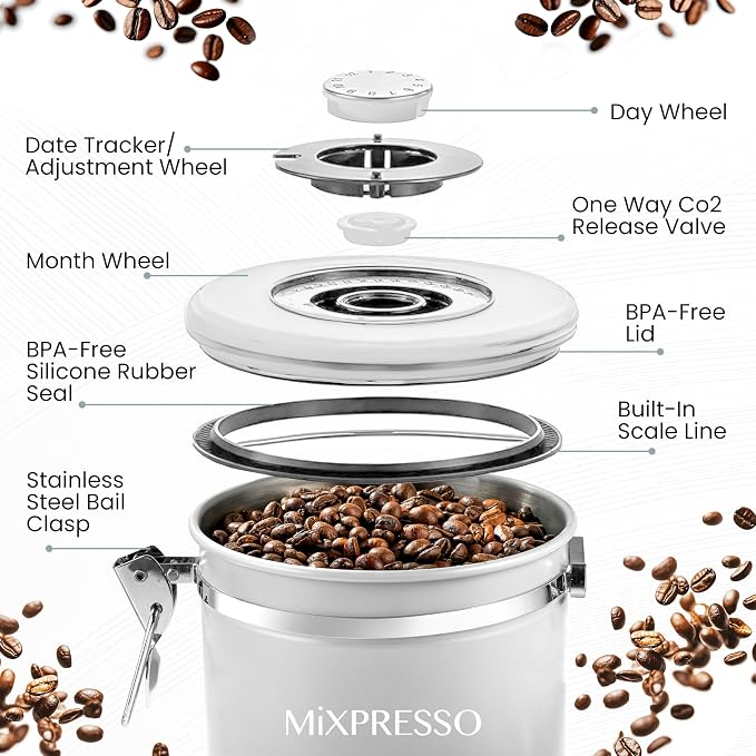 Mixpresso White 16 Oz Stainless Steel Coffee Canister with Scoop – Airtight Coffee Container with CO2 Valve for Bean Storage, Date Tracker Lid