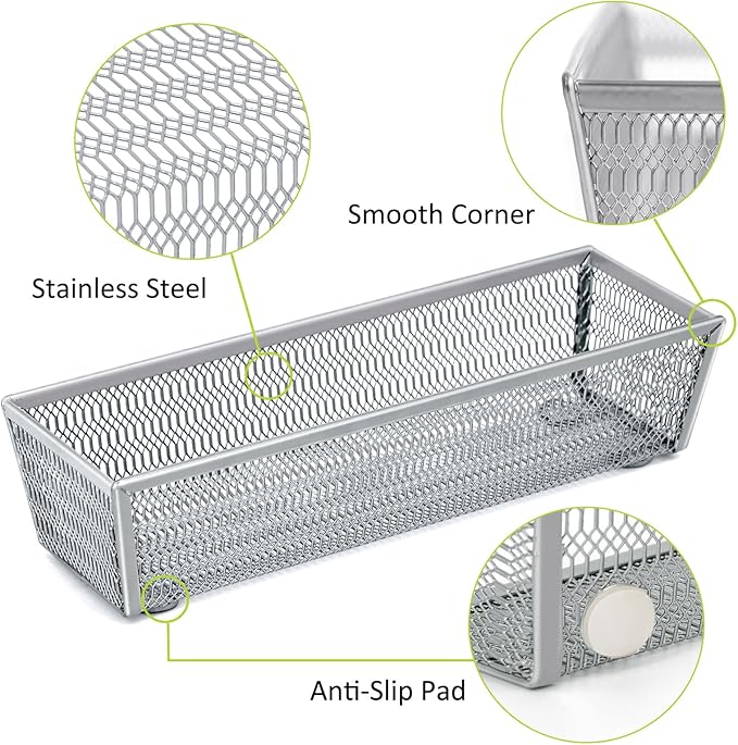 Neudeco Drawer Organizer Set, Silver Mesh, 6 Pack | 5-Compartment Silverware Tray, 5 Utensil Trays, Non-Slip, For Flatware, Cutlery, Office Supplies
