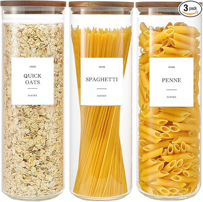 Set of 3 Glass Pantry Jars with Acacia Wood Lids, 65oz Airtight Pasta Organizers with 105 Labels, Tall Glass Pantry Storage Containers for Cereal, Spaghetti, Pasta Canisters