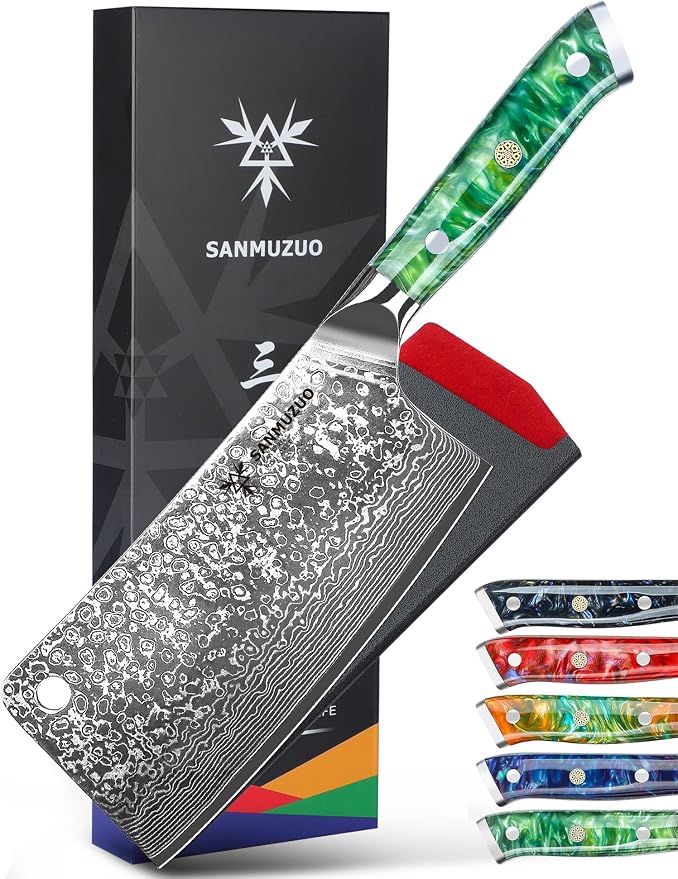 Chopping Knife - 7 inch Cleaver Knife- Xuan Series - VG10 Damascus Steel Kitchen Knife - Resin Handle (Jade Green)