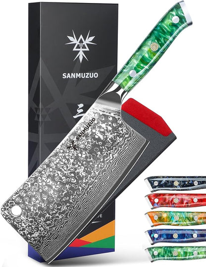 Chopping Knife - 7 inch Cleaver Knife- Xuan Series - VG10 Damascus Steel Kitchen Knife - Resin Handle (Jade Green)