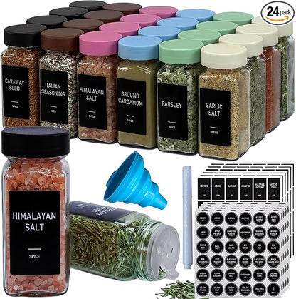 Spice Jars with Labels - 24 Glass Spice with Shaker Lids & Airtight Plastic Caps - 4oz Complete Seasoning Containers Organizer Set for Cabinet, Drawer & Rack (Black)