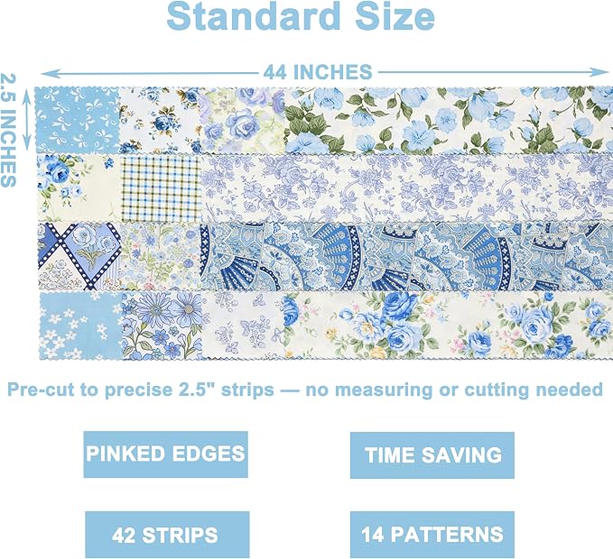 Nodsaw Blue Floral Jelly Roll Fabric Strips, 2.5" x 44" 42 Pcs Soft Cotton Pre-Cut Quilting Fabric Strips for Rug, Blanket, Quilt, Table Runner, and DIY Sewing Craft Projects, Sunshine Blooms