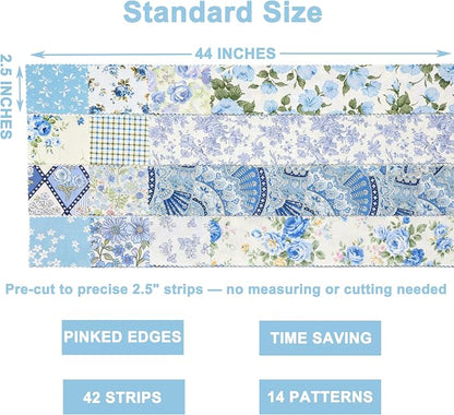 Nodsaw Blue Floral Jelly Roll Fabric Strips, 2.5" x 44" 42 Pcs Soft Cotton Pre-Cut Quilting Fabric Strips for Rug, Blanket, Quilt, Table Runner, and DIY Sewing Craft Projects, Sunshine Blooms