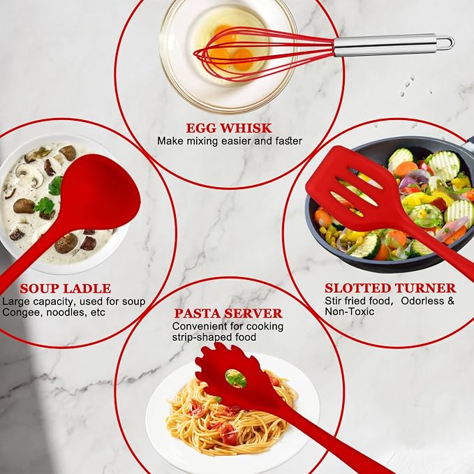E-far 10 Pieces Silicone Cooking Utensils Set, Heat Resistant Kitchen Utensil Set for Nonstick Cookware, Kitchen Cooking Tools with Spatula, Spoon, Slotted Turner, Non-Toxic & Dishwasher Safe (Red)