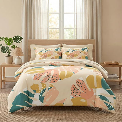 Pamnest Comforter Set Full Size, Monstera Palm Leaf Botanical 7 Pcs Bedding for Kids and Adults, Spring Summer Green Bed Sheet Sets with Fitted Sheet 2 Pillowcase & 2 Sham for Bedroom Bed Decor