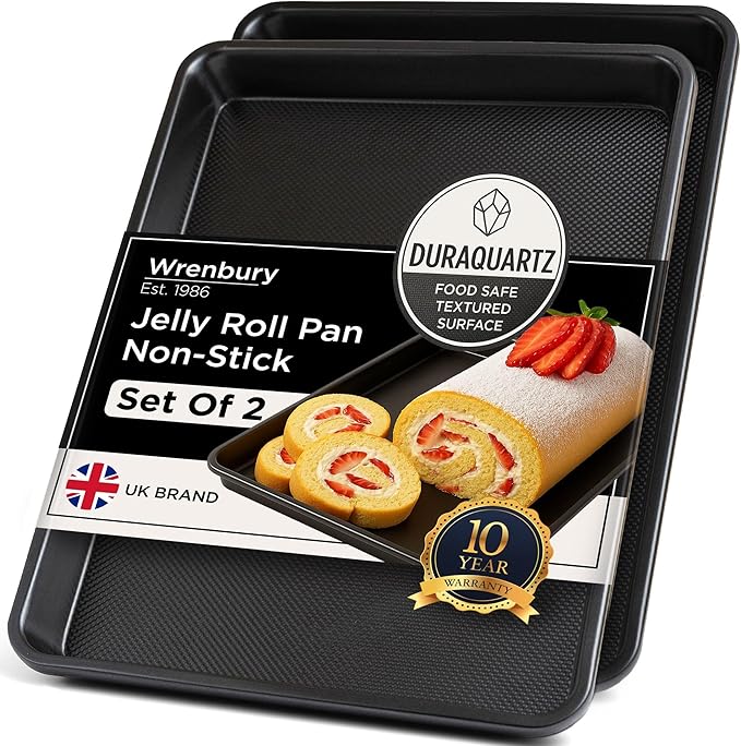 Wrenbury Jelly Roll Pan 15x10 Set of 2 - Non-Stick Baking Sheet, DuraQuartz Food Safe, Carbon Steel