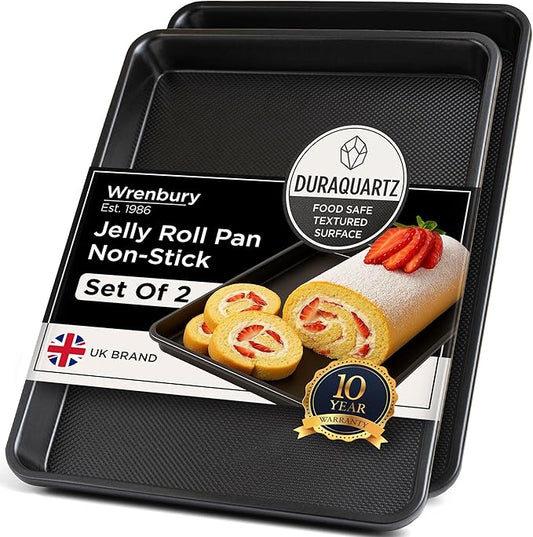 Wrenbury Jelly Roll Pan 15x10 Set of 2 - Non-Stick Baking Sheet, DuraQuartz Food Safe, Carbon Steel
