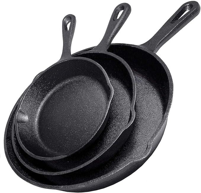 Cast Iron Skillet 3-Piece Set w/Cookbook - Heavy-Duty Professional Restaurant Chef Quality Pre-Seasoned Pan Cookware - 10", 8", 6" Pans - For Frying, Saute, Cooking, Pizza - Black