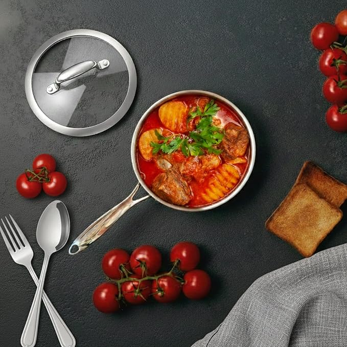 1.3 Quart Stainless Steel Saucepan with Glass Lid, 5 Ply Stainless Clad Construction, Suitable for All Cooktops, PTFE, PFAS and PFOA Free