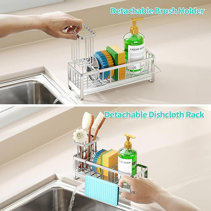 HapiRm Sponge Holder for Kitchen Sink - Self-draining Sink Caddy with Brush Holder and Dishcloth Holder, Stainless Steel Kitchen Organizer - Silver
