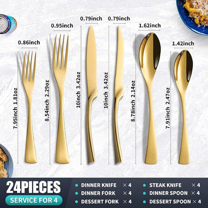 24 Pieces Gold Silverware Set with Steak Knives Service for 4,Modern 18/10 Stainless Steel Flatware Cutlery Set,Utensil Set for Home Restaurant Hotel,Mirror Polished,Dishwasher Safe