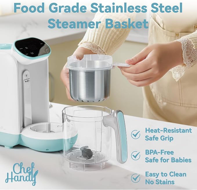 Chefhandy Baby Food Maker with Stainless Steel Steam Basket, One-Step Baby Food Processor Steamer Blender Puree Maker, Auto Steam & Blend for Homemade Baby Food, Includes 6 Reusable Food Pouches