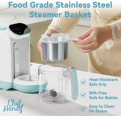 Chefhandy Baby Food Maker with Stainless Steel Steam Basket, One-Step Baby Food Processor Steamer Blender Puree Maker, Auto Steam & Blend for Homemade Baby Food, Includes 6 Reusable Food Pouches