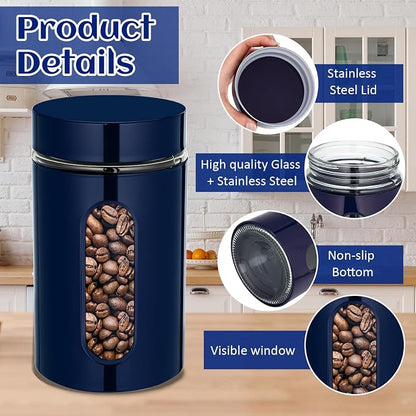 Mimorou 6 Pack Kitchen Canisters Set Airtight Coffee Sugar Tea Storage Jars with Window Glass Stainless Steel Containers with Lids for Flour Cookies Spices Grains Kitchen Decorations (Navy Blue,32 oz)