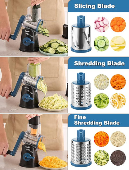 Geedel Rotary Cheese Grater Cheese Shredder - Upgraded 5-in-1 Cheese Grater with Handle and Strong Suction Base, Multi-purpose Vegetable Slicer Ice Shaver Nuts Grinder for Cheese, Vegetables, Ice