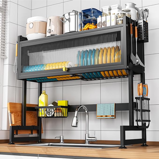 SNSLXH 𝐋𝐚𝐫𝐠𝐞 2-Tier Over The Sink Dish Drying Rack, 33.66"×31.1"×11.81", Large Sink Rack for Kitchen, Saving Kitchen Space, Cover Design Holds Dishes, Bowls, and Cutlery, Kitchen Sink Shelf