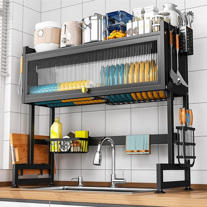 SNSLXH 𝐋𝐚𝐫𝐠𝐞 2-Tier Over The Sink Dish Drying Rack, 33.66"×31.1"×11.81", Large Sink Rack for Kitchen, Saving Kitchen Space, Cover Design Holds Dishes, Bowls, and Cutlery, Kitchen Sink Shelf