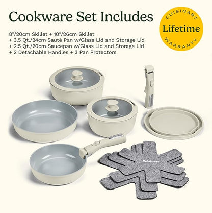 Cuisinart 13-Pc ClickSmart Nonstick Detachable Handle Ceramic Cookware, Pots and Pans Set, Stackable Space-Saving Design, Compatible with All Stovetops, Induction & Oven Safe, PURELYCERAMIC