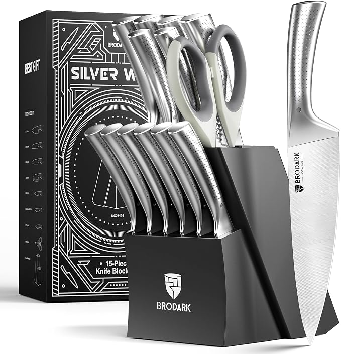 Block Knife Sets - Kitchen Knives Set with Block and Sharpener, Ultra Sharp Chef Knife, High Carbon Super German Stainless Steel, Ergonomic Handle Non Slip Grip, Gift for Men Women, Silver Wolf Series