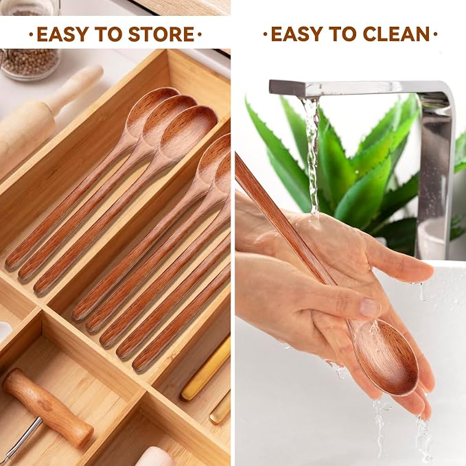 6 Pcs Wooden Spoons, 9 Inch Wood Soup Spoons for Cooking Mixing Eating,Oval Long Handle Spoon for Tea Jam Coffee Sugar Ice Cream and Bath Salts