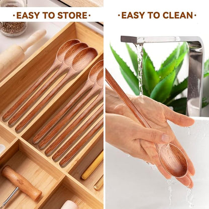6 Pcs Wooden Spoons, 9 Inch Wood Soup Spoons for Cooking Mixing Eating,Oval Long Handle Spoon for Tea Jam Coffee Sugar Ice Cream and Bath Salts