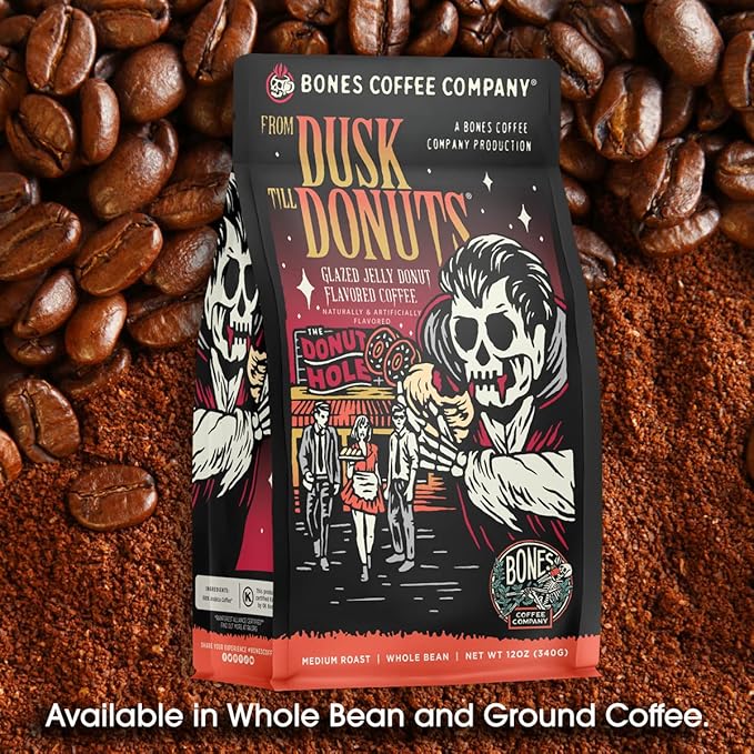Bones Coffee Company From Dusk Till Donuts Jelly Donuts Flavored Coffee, Medium Roast Low Acid Arabica Beans Compatible with Auto drip and French Press Coffee Maker, 12 Oz Ground