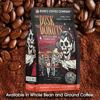 Bones Coffee Company From Dusk Till Donuts Jelly Donuts Flavored Coffee, Medium Roast Low Acid Arabica Beans Compatible with Auto drip and French Press Coffee Maker, 12 Oz Ground