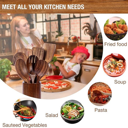 Teak Wood Cooking Utensils Set - 9-Piece Nonstick Safe Kitchen Utensils with Holder, Spoon Rest & 6 Metal Hooks, Natural Wooden Cookware for Nonstick Pans (Premium Durable Utensil Set
