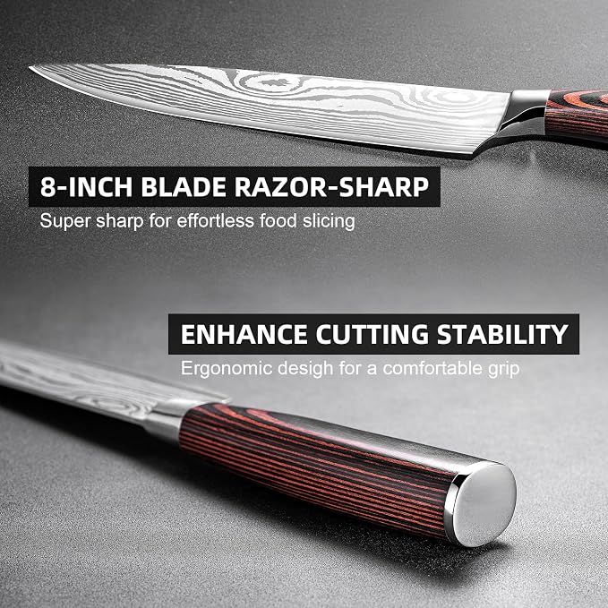 Chef Knife Professional Japanese AUS-10 Steel Core Kitchen Knife with Damascus Pattern, Razor Sharp 8 Inch Chefs Knife with Full-Tang Ergonomic Handle - Ideal for Home Cooks & Professional Chefs