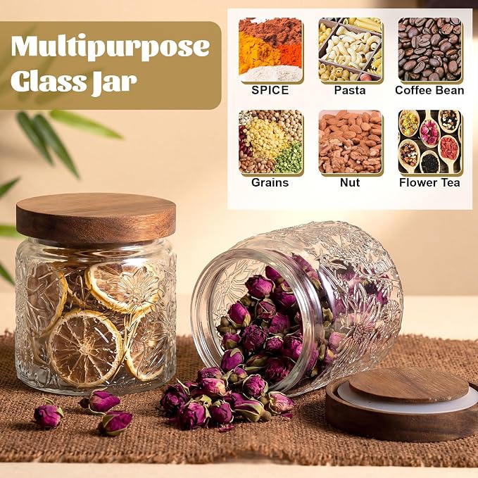 Suclain 6 Pcs 17 OZ Vintage Glass Jar with Acacia Wood Lids Airtight Glass Storage Canisters Kitchen Spice Jars Food Storage Containers for Pantry Coffee Grains Tea Sugar Flour(Morning Glory)