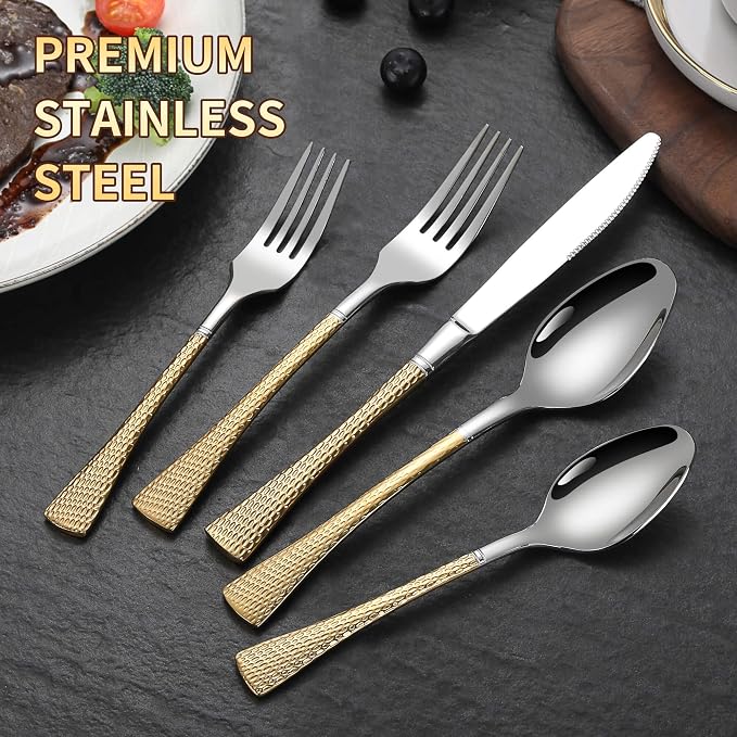 Lemeya Hammered Silver Gold Silverware Set,30 Piece Modern Flatware Set Service for 6,Mirror Polished Stainless Steel Cutlery Set Utensil Set,Kitchen Knives Forks Spoons Set,Dishwasher Safe