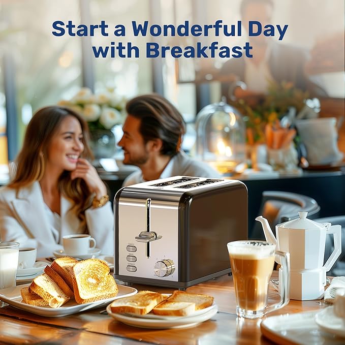 Simple Deluxe Stainless Steel 2-Slice Toaster, 6 Browning Setting and 3 Function Toaster, Extra Wide Slot, for Bread & Waffle, Black