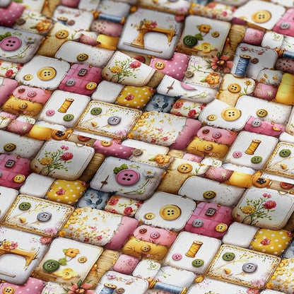 Vintage Sewing Notions Patchwork Cotton Fabric Panel 61 x 36.6 Inches, Buttons & Threads Quilt Print, Soft Pastel Multicolor Tones, 100% Cotton 140 GSM
