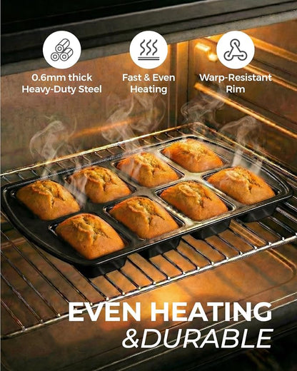 CARTMAN 2-Pack 8-Cavity Mini Loaf Pans Set with Spatula & Brush – 15.5” x 10” Nonstick Carbon Steel Small Bread Pan for Banana Bread, Meatloaf & Keto Snacks Classic Black