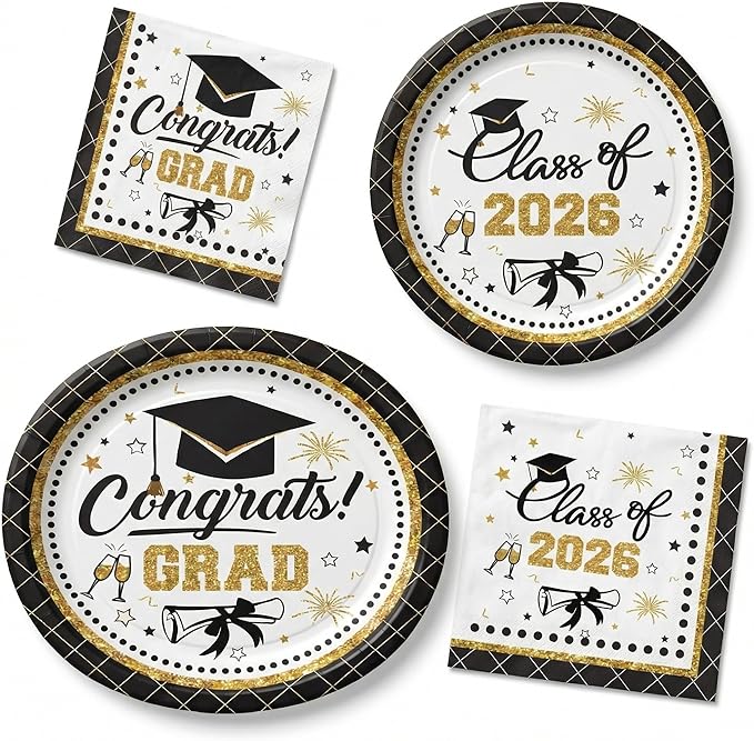 Dereinwo 100 PCS Graduation Paper Plates and Napkins | Bundle Includes Paper Oval Dinner Plates Dessert Plates and Napkins for Graduation Party Supplies