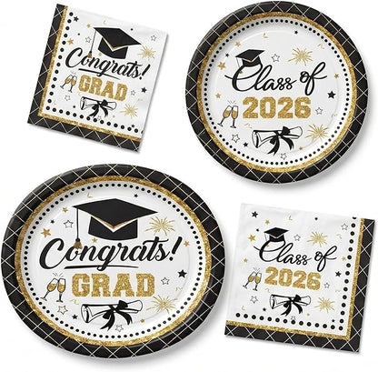 Dereinwo 100 PCS Graduation Paper Plates and Napkins | Bundle Includes Paper Oval Dinner Plates Dessert Plates and Napkins for Graduation Party Supplies