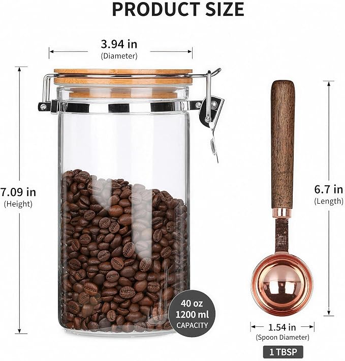 KKC HOME ACCENTS 40 oz Glass Coffee Airtight Canister with 1 TBSP Spoon, 1200ml Borosilicate Jar Holds 1 lb Coffee Beans, Airtight Bamboo Lid Storage Container for Grounds