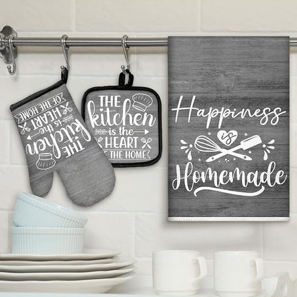 Sratte 6 Pcs Kitchen Decor Accessories Set Farmhouse Towels Pot Holders Oven Mitts Set 2 Dish Towels 2 Potholders 2 Cooking Mittens Oven Glove for Christmas Baking Cooking (Dark Gray)