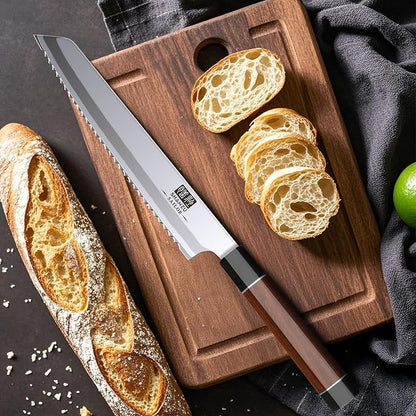 SHAN ZU 8 Inch Japanese Bread Knife, 9 Layers 10Cr15MoV High Carbon Steel Bread Knives for Homemade Bread, Sharp Sourdough Bread Knives Sashimi Knives, Long Serrated Bread Sashimi Knife