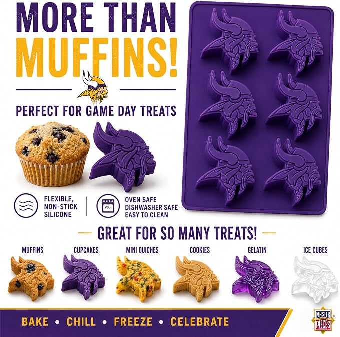 Masterpieces NFL Minnesota Vikings Muffin Pan - Silicone, Dishwasher Safe, Team Colors, Perfect Minnesota Vikings Gifts