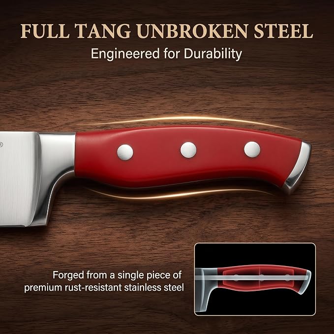 McCook® Knife Sets, High Carbon Stainless Steel Kitchen Knife Block Sets with Built-in Sharpener, 15 Piece, Forged Triple Rivet,Full Tang, Elegant Red & Stylish Wooden Block for Modern Culinary