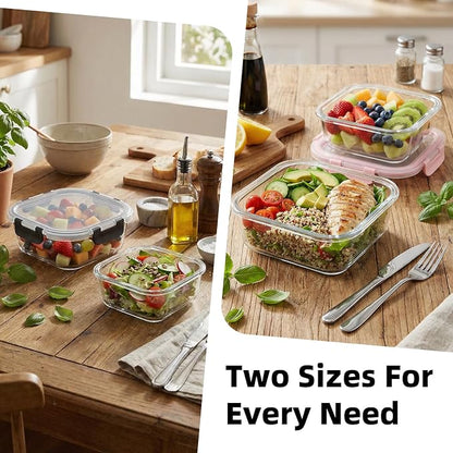 Konokyo Square Glass Food Storage Containers with Lids, 24 Pack Airtight Leakproof Meal Prep Containers, BPA-Free, Microwave Oven Freezer & Dishwasher Safe, Assorted Sizes