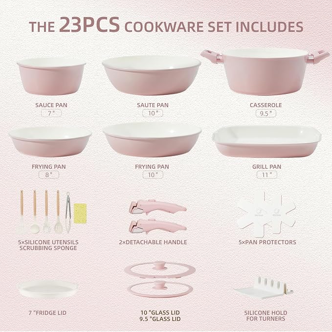 BECIGAR 23pcs Ceramic Pots and Pans Set, Nonstick Detachable Handle Cookware, Induction Kitchen Cooking Set with Removable Handle,include Frying Pans & Saucepans Oven Safe(Pink)