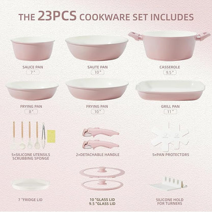 BECIGAR 23pcs Ceramic Pots and Pans Set, Nonstick Detachable Handle Cookware, Induction Kitchen Cooking Set with Removable Handle,include Frying Pans & Saucepans Oven Safe(Pink)