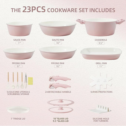 BECIGAR 23pcs Ceramic Pots and Pans Set, Nonstick Detachable Handle Cookware, Induction Kitchen Cooking Set with Removable Handle,include Frying Pans & Saucepans Oven Safe(Pink)
