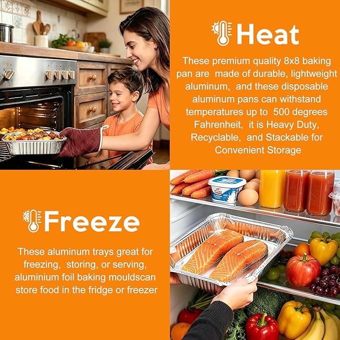 8x8 Foil Pans 50 Pack, Heavy Duty Square Disposable Baking Cake Pans, Disposable Food Containers Great for Baking Pans, Cooking, Heating, Parties Meal Prep, Storing, Breads, Brownies, Meatloaf,Lasagna