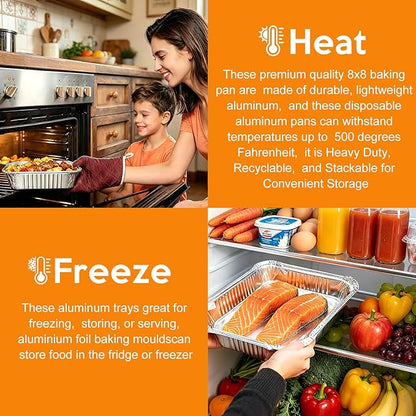8x8 Foil Pans 50 Pack, Heavy Duty Square Disposable Baking Cake Pans, Disposable Food Containers Great for Baking Pans, Cooking, Heating, Parties Meal Prep, Storing, Breads, Brownies, Meatloaf,Lasagna